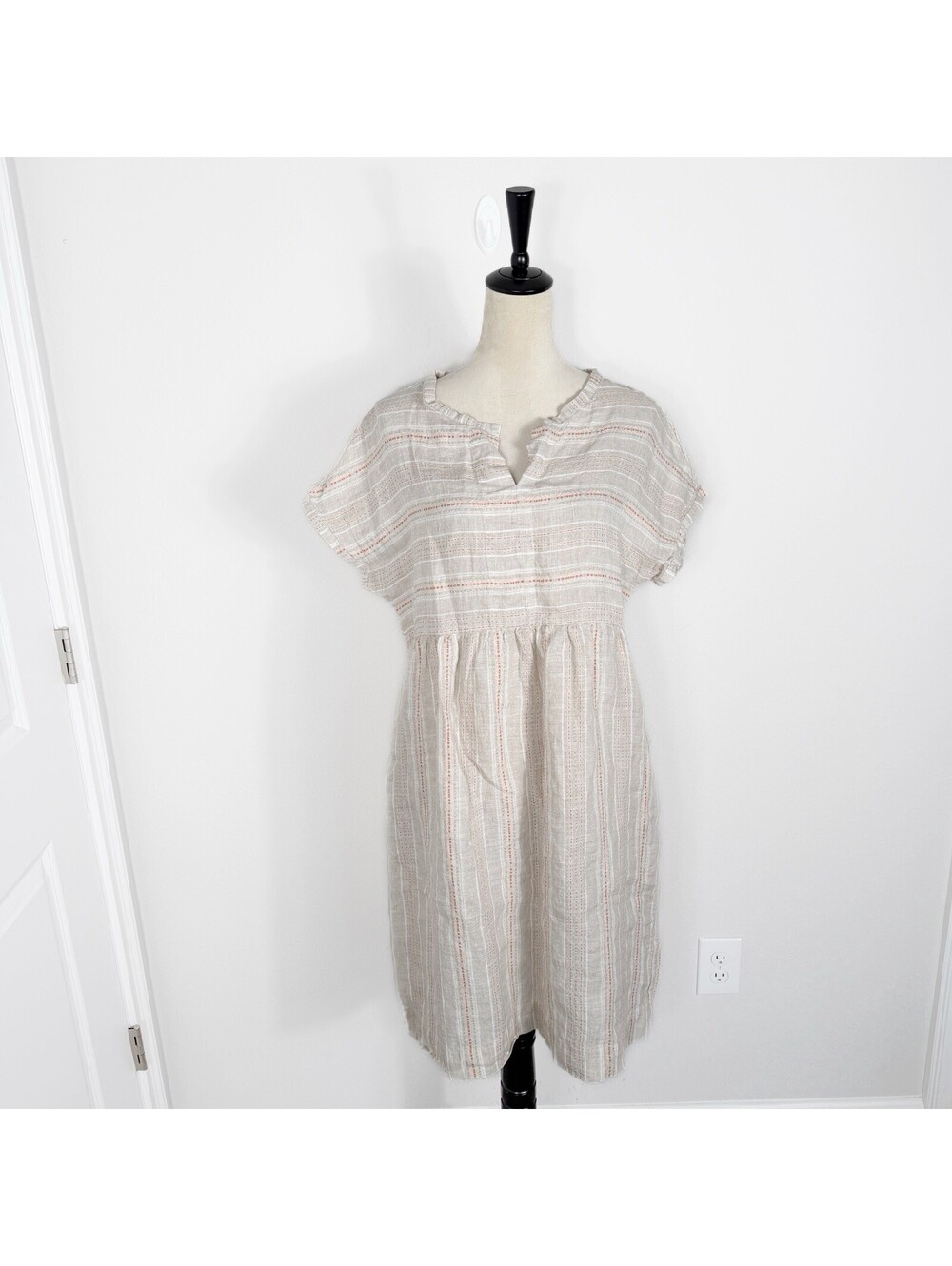 Lintico Linen Shift Dress Beige Striped Short Sleeve Lagenlook Coastal Small